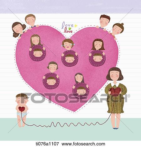 Stock Illustration - illustration of pregnant mother holding a heart line with a baby. Fotosearch