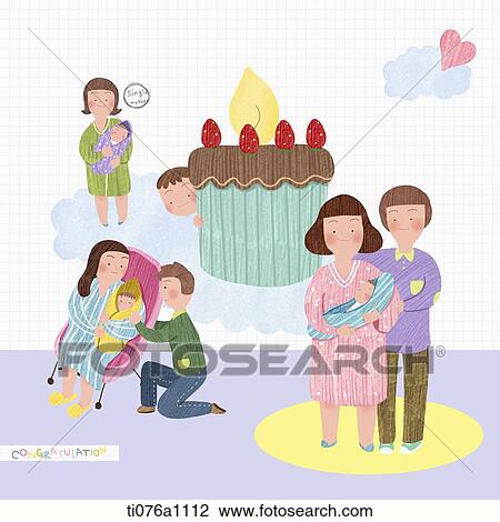 illustration of pregnant mothers holding a new born child View Large Illustration Drawing - illustration of pregnant mothers holding a new born child. Fotosearch