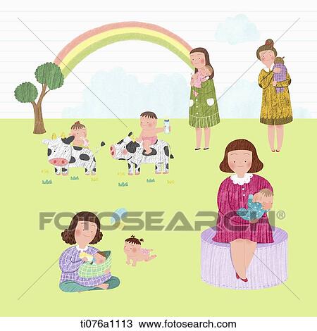Drawing - illustration of pregnant mothers holding babies. Fotosearch