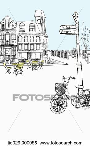 Stock Illustration - illustration of shops and bicycle in the street . Fotosearch