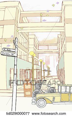 illustration of shops and car in the street View Large Illustration Stock Illustration - illustration of shops and car in the street . Fotosearch