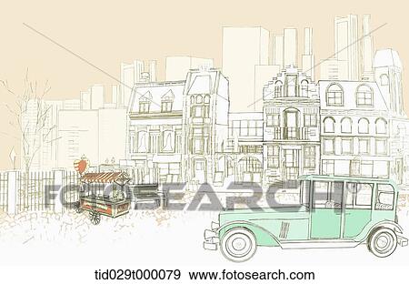 Stock Illustration - illustration of shops and car in the street . Fotosearch