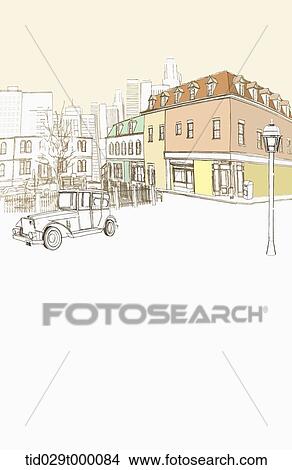 Stock Illustration - illustration of shops and car in the street . Fotosearch