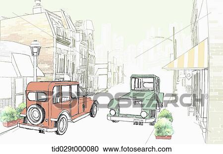Clipart - illustration of shops and cars in the street . Fotosearch