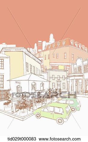 illustration of shops and cars in the street View Large Illustration Drawing - illustration of shops and cars in the street . Fotosearch