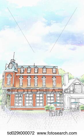 Drawing - illustration of shops in the street . Fotosearch