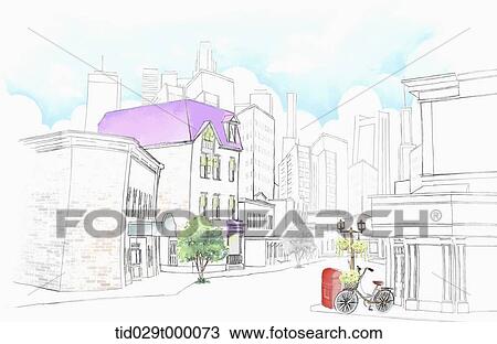 Drawing - illustration of shops in the street . Fotosearch
