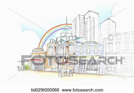 Stock Illustration - illustration of shops in the street . Fotosearch