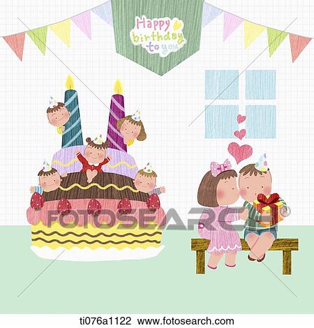 illustration of young kids having birthday party View Large Illustration Drawing - illustration of young kids having birthday party. Fotosearch