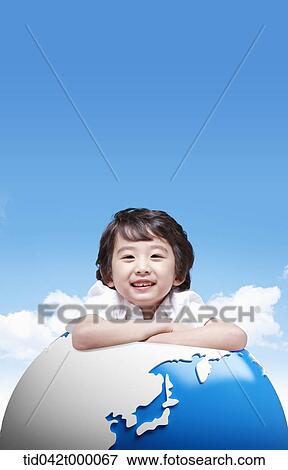Stock Illustration - kid leaning on the globe . Fotosearch