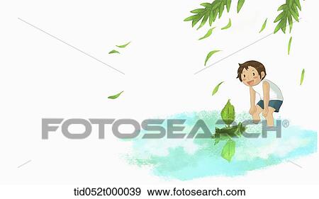 Stock Illustration - kid playing with leaves boat on the water. Fotosearch
