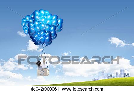 Clip Art - kid riding a balloon . Fotosearch