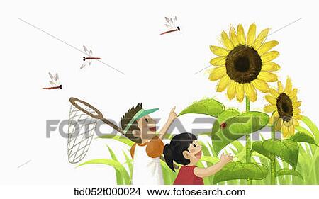 Stock Illustration - kids looking up sunflowers . Fotosearch
