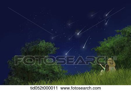 kids looking up the shooting stars in the night sky View Large Illustration Clip Art - kids looking up the shooting stars in the night sky . Fotosearch