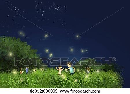 Stock Illustration - kids playing around the fields with firefly in the middle of the night . Fotosearch