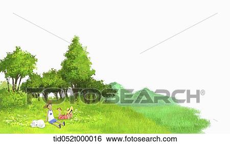 Stock Illustration - kids sitting on the fields . Fotosearch