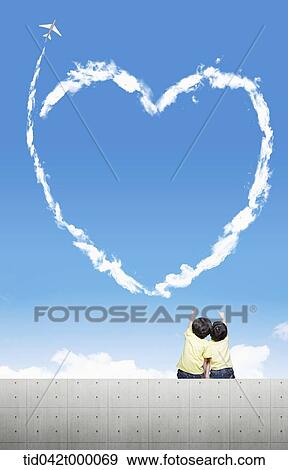 Stock Illustration - kids watching the airplane making a heart . Fotosearch