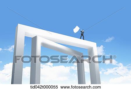 Stock Illustration - man waving a flag on the top of the frame. Fotosearch