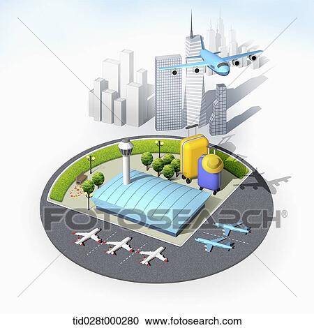 Clipart - mockup of airport in the city. Fotosearch
