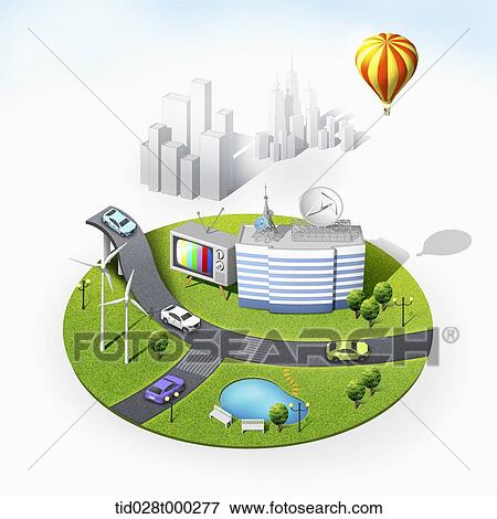 Stock Illustration - mockup of broadcasting station in the city. Fotosearch