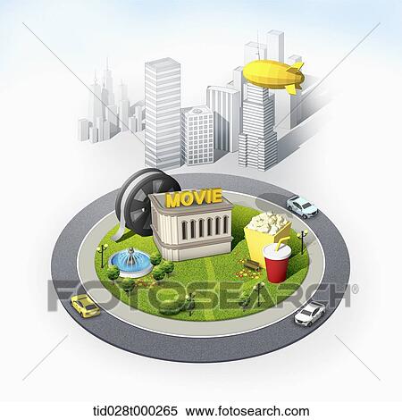 Stock Illustration - mockup of movie theater in the city. Fotosearch