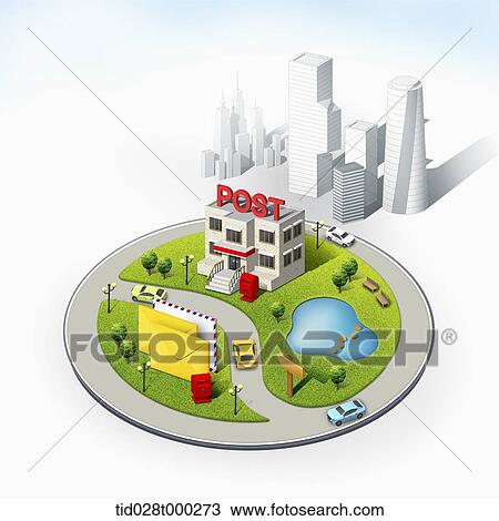 Drawing - mockup of post office in the city. Fotosearch