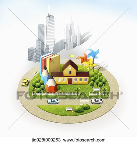 mockup of school in the city View Large Illustration Drawing - mockup of school in the city. Fotosearch