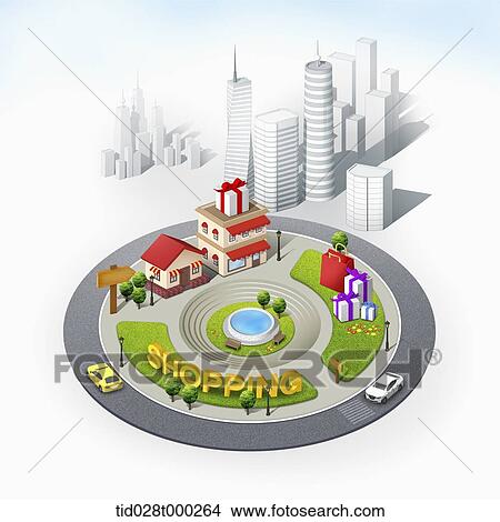 mockup of shopping center in the city View Large Illustration Stock Illustration - mockup of shopping center in the city. Fotosearch