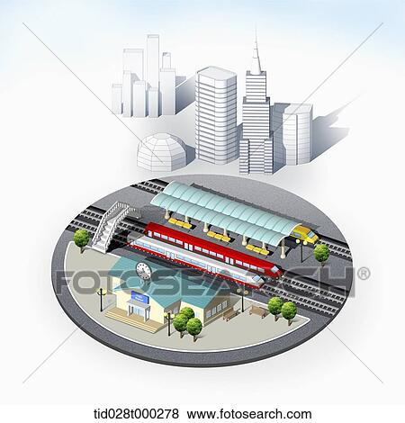 Stock Illustration - mockup of train station in the city. Fotosearch
