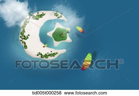 Stock Illustration - paragliding over the crescent island and star-shaped island in the middle of the ocean. Fotosearch