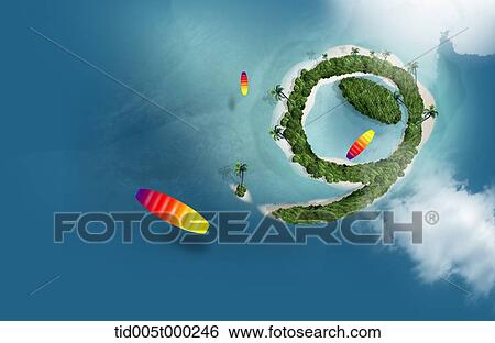 Stock Illustration - paragliding over the island in the middle of the ocean. Fotosearch