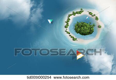 Stock Illustration - paragliding over the island in the middle of the ocean. Fotosearch