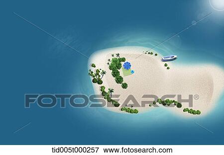 Stock Illustration - paragliding over the island in the middle of the ocean. Fotosearch