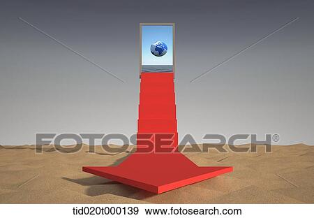 Stock Illustration - red arrow with a shape of step and globe inside the door. Fotosearch