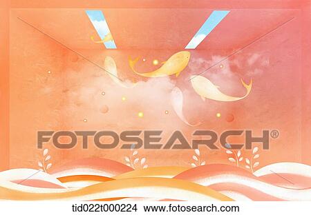 scarlet dolphins and wave background View Large Illustration Stock Illustration - scarlet dolphins and wave background. Fotosearch