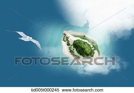 Stock Illustration - seagull flying over the island in the middle of the ocean. Fotosearch