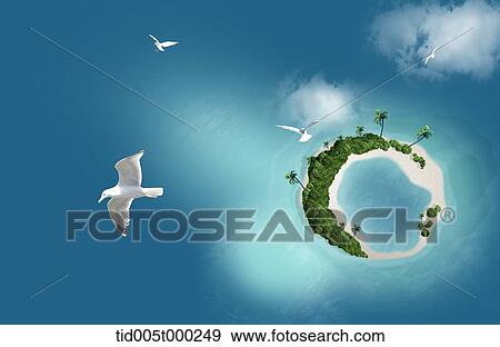 Stock Illustration - seagulls flying over the island in the middle of the ocean. Fotosearch