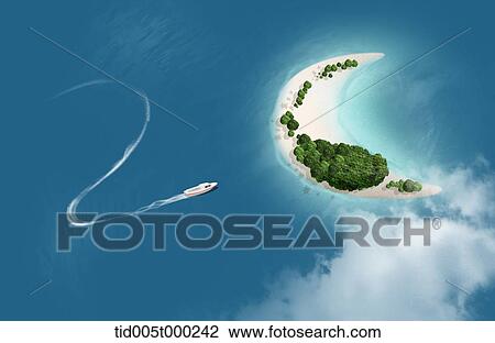 Drawing - ship approaching the crescent island in the middle of the ocean. Fotosearch