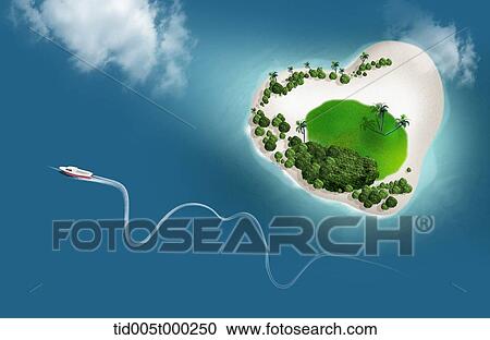 Clipart - ship passing by the heart-shaped island in the middle of the ocean. Fotosearch