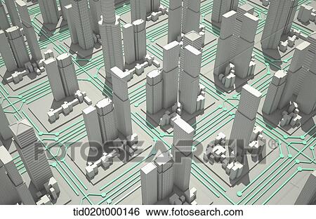 Stock Illustration - skyscrapers on the electric circuit. Fotosearch