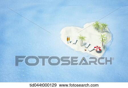 sun beds and beach parasol in heart-shaped island View Large Illustration Stock Illustration - sun beds and beach parasol in heart-shaped island . Fotosearch
