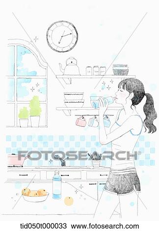 Drawing - woman drinking water in the kitchen . Fotosearch