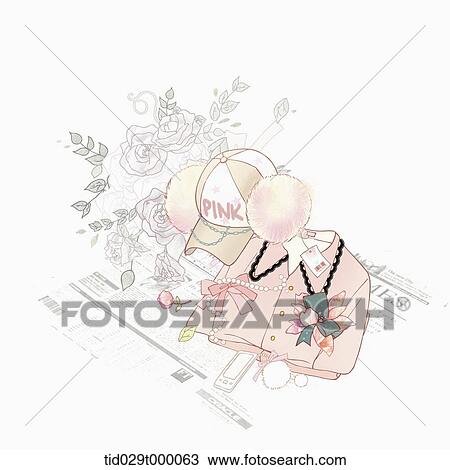 Drawing - woman fashion items background. Fotosearch