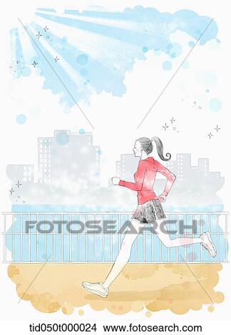 Stock Illustration - woman jogging around the riverside. Fotosearch