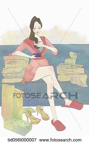 Stock Illustration - woman sitting on the sofa with shopping bags. Fotosearch