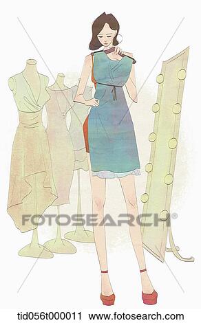 Clip Art - woman trying on dresses in the shop. Fotosearch
