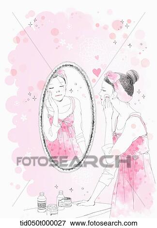 Stock Illustration - woman washing looking into the mirror . Fotosearch