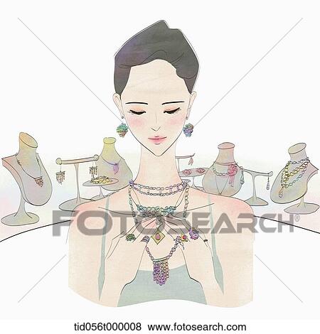 Stock Illustration - woman wearing earrings, rings, and necklaces . Fotosearch