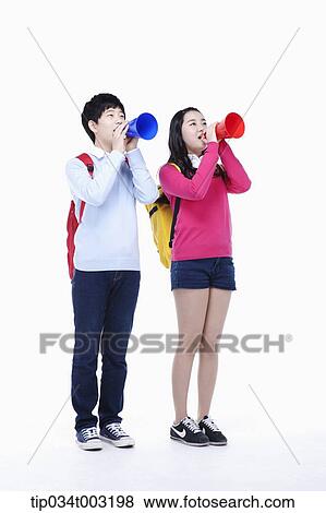 Stock Photo - a couple of students speaking through megaphones. Fotosearch