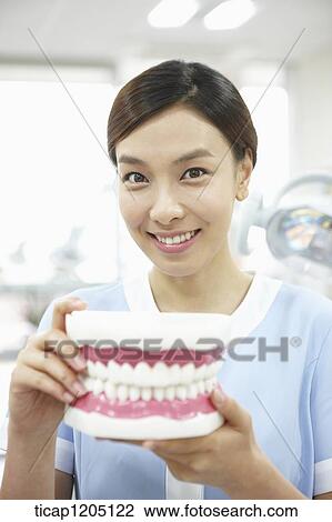 A nurse with a big false teeth in dental treatment room View Large Photo Image Stock Image - A nurse with a big false teeth in dental treatment room. Fotosearch